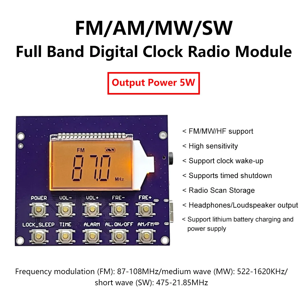 

1pc FM MW SW Wireless Radio Receiver Module 87-108MHz Station Auto Storage 4.75-21.85MHz Digital Clock LED Display DC 3.7V