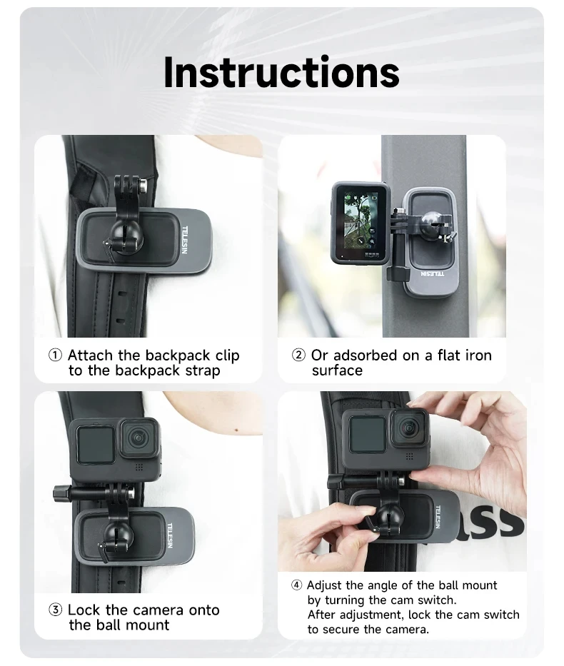 TELESIN 360° Rotation Magnetic Backpack Clip Clamp Mount for Hero 12 11 10 9 8