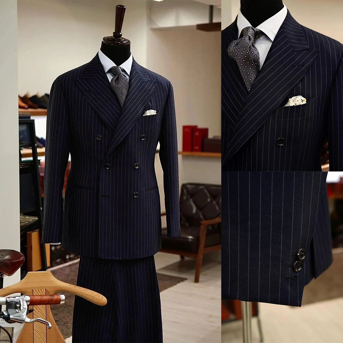 New Pinstripe Men's Suit 2 Pieces Blazer Jacket and Pants Made Business Wear Wedding Groom Costume Homme