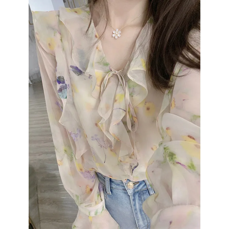 Sun Protection Floral shirt Women's Summer French Minority High-Grade Temperament Small Size Thin Long Sleeve Chiffon Top x level guardian series matte tpu thin skin friendly solid color protection cover for iphone 13 pro max 6 7 inch blue