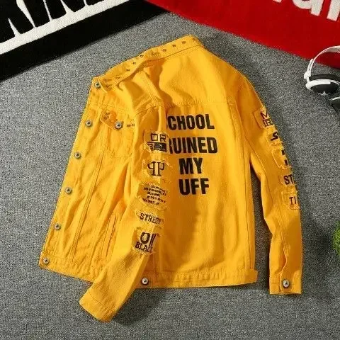 thumbnail image 1 of Chaqueta vaquera para hombre, estilo punk, con rayas, color amarillo, para otoño, talla L, de alta calidad, de diseñador y precio más bajo, informal, de tela Y2k, 1 of 5