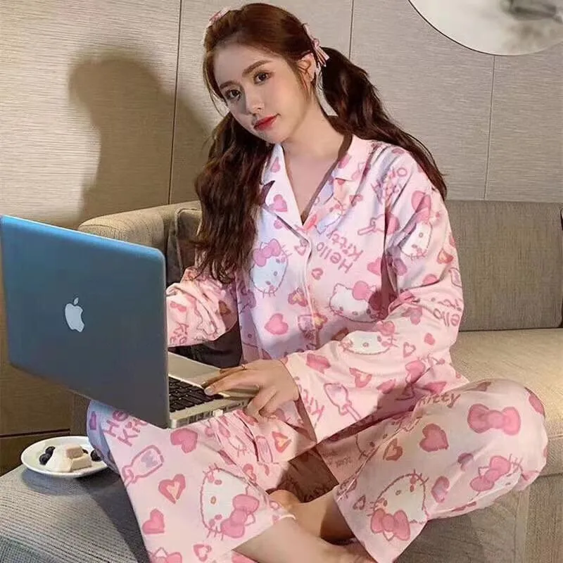 

Hello Kittys Kawaii Girly Heart Pajamas Sanrioed Cinnamoroll Kuromi Cartoon Spring Autumn Comfortable Loungewear Nightwear Set