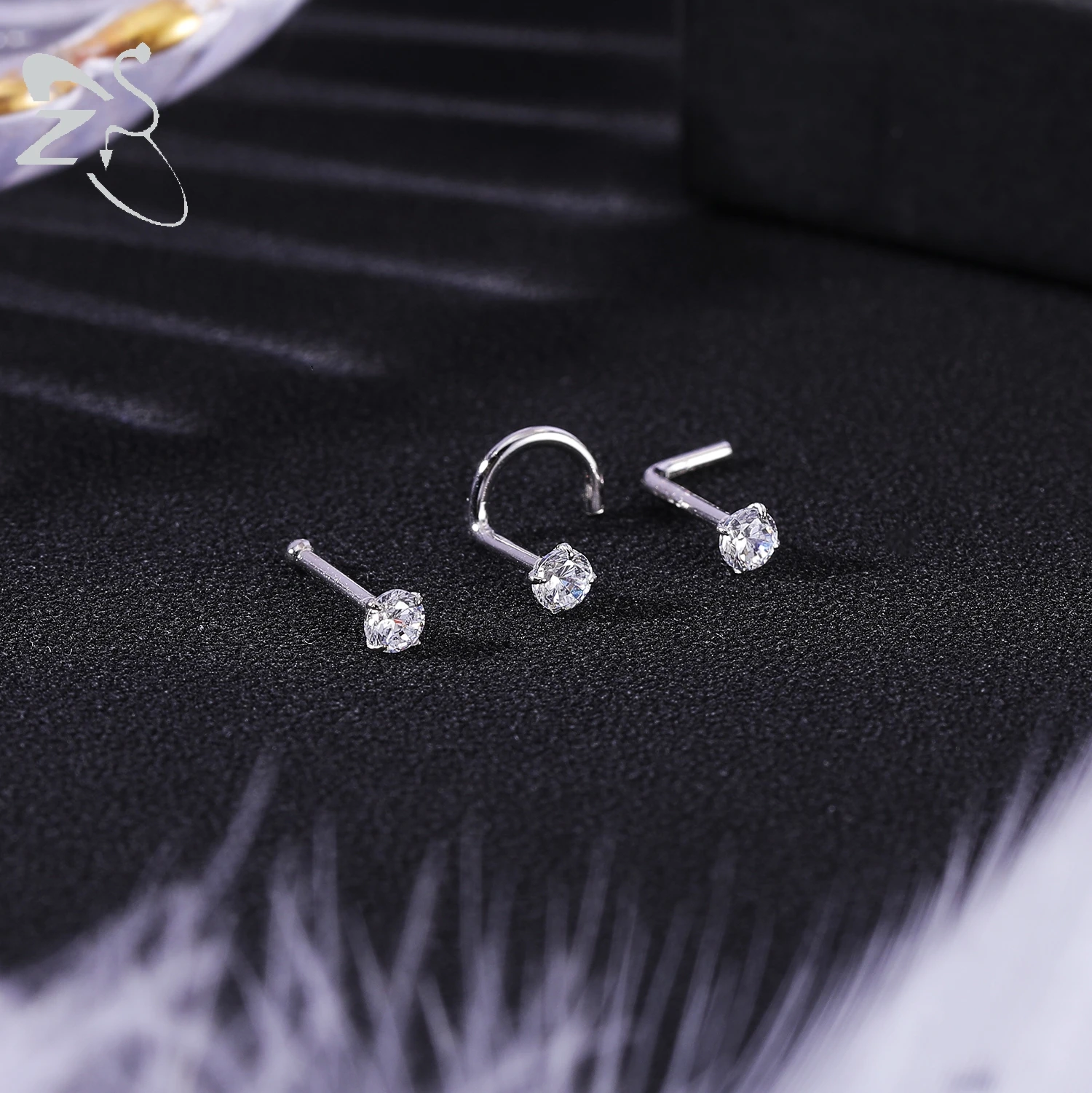 ZS 1PC 18/20G 925 Sterling Silver Nose Stud Gold Color Crystal Nose Piercings Screw L-Shape Retainer Nostril Piercing 2-3.5mm 4