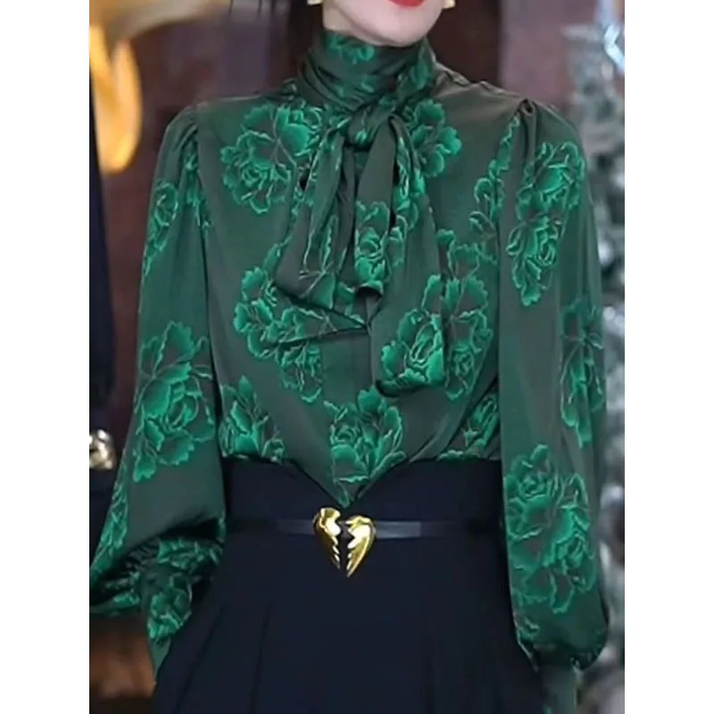 

2024 New Women's Spring Autumn Pullovers Scarf Collar Spliced Fashion Versatile Loose Commuter Long Sleeved Printed Shirt Tops