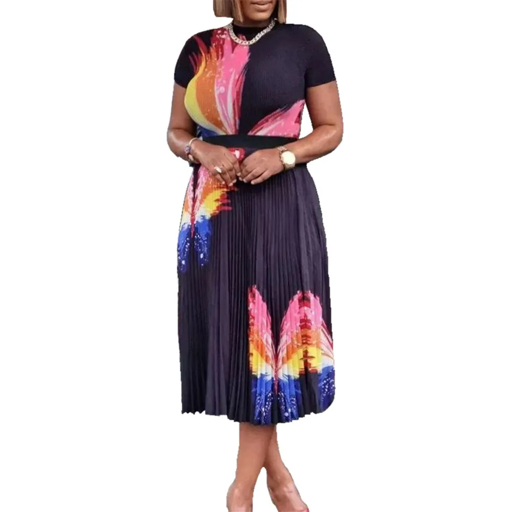 Sexy Women Summer Two Pieces Set Big Elastic Pleated Print African Butterfly Skirt Dress Fashion Brand OL Slim Outfit For Lady 2023 new europe and the united states large size pleated skirt african women s chiffon dress 496