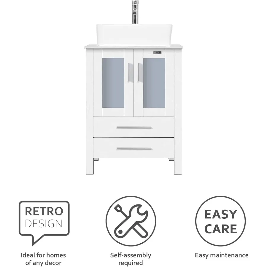 24" Modern Bathroom Vanities Sink Combo White Stand Cabinet with White Rectangle Ceramic Vessel Sink & Water Save Faucet 4