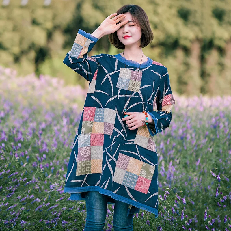 Cotton Linen Women's Spring Top Cotton Printed Pullover Unique Loose