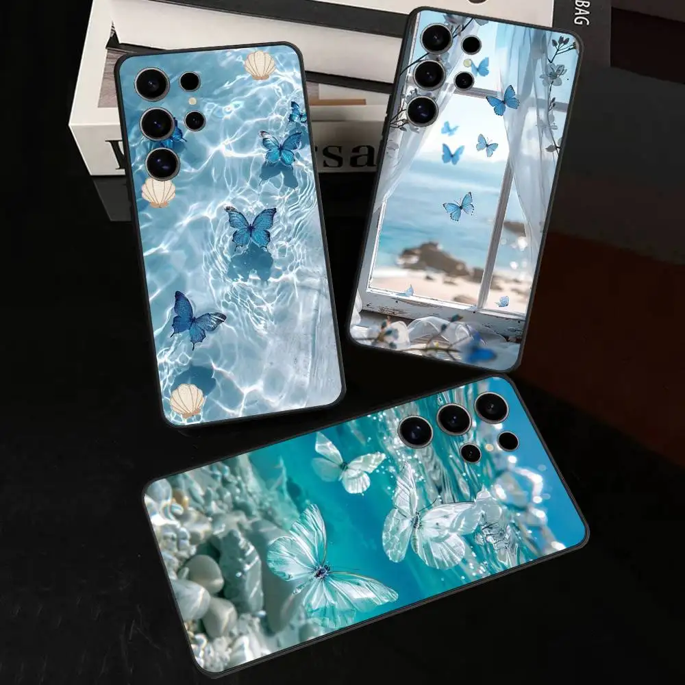 Blue Butterfly Ocean Waves TPU Soft Phone Case Cover