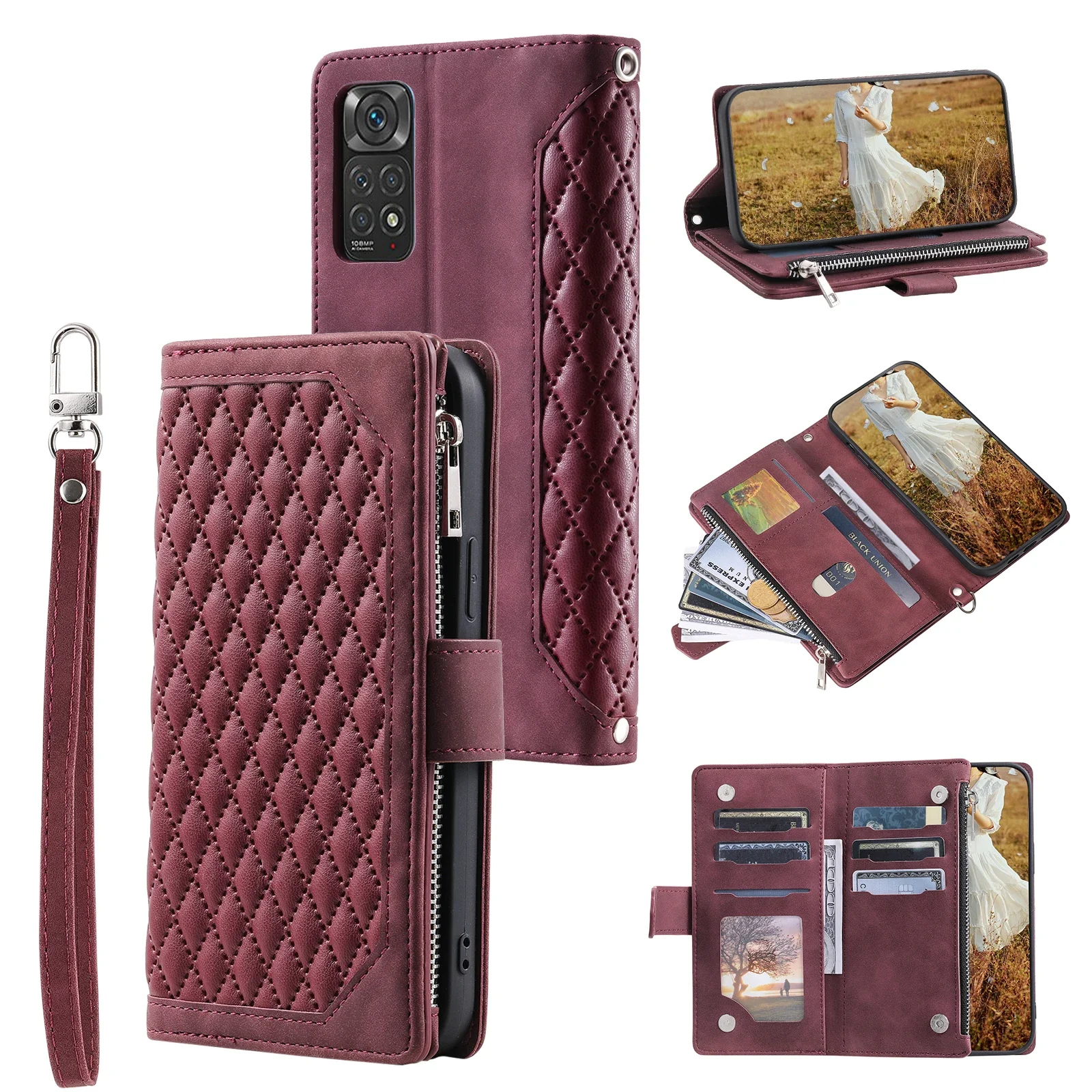 Leather Crossbody Flip Zipper Wallet Phone Case with Lanyard Cover