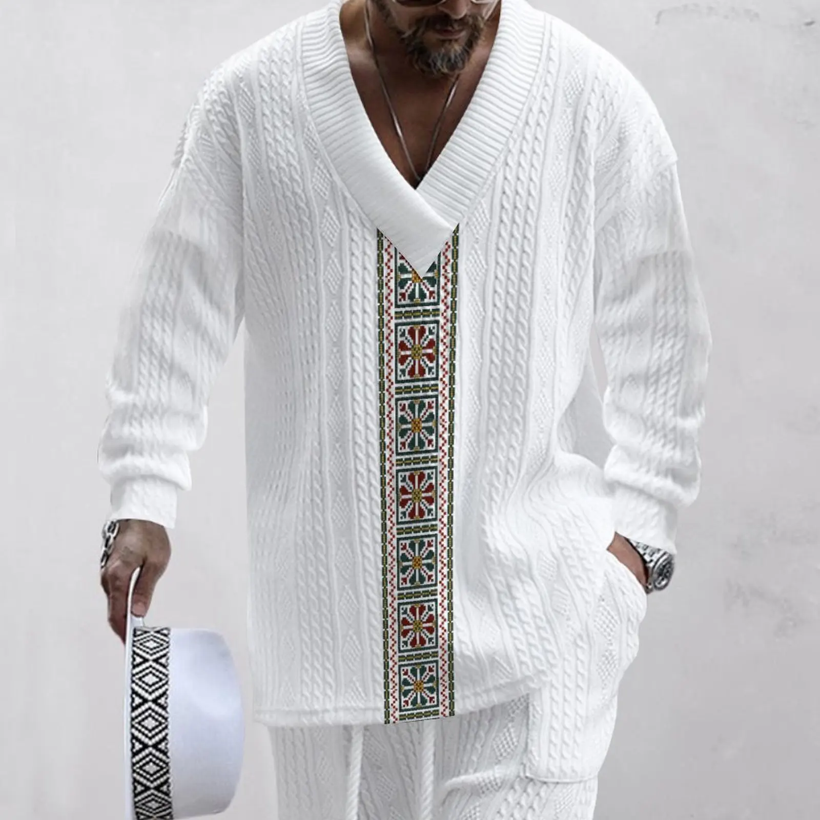 2024 New autumn Men's Set Loose Casual Sports Suit High-quality Jacquard V-neck Long-sleeved trousers Two-piece Men's Clothing 3