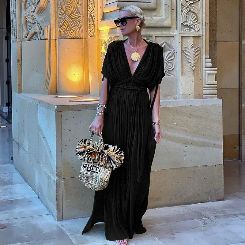 Beach Cover Up Women's Beachwear 2024 Solid Tie String Strapless Sexy Hanging Neck Loose Vacation Dress