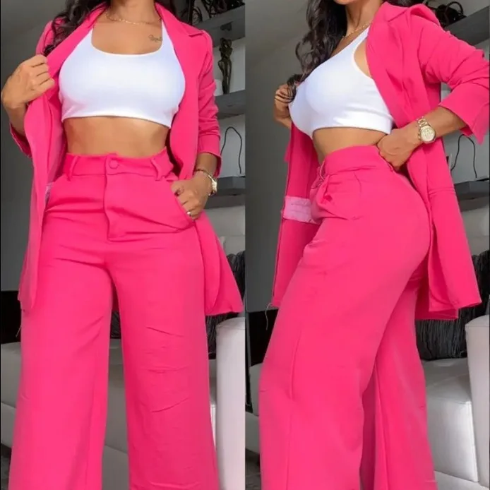 Women's Elegance Solid Color Open Sleeve Lapel Suit with Pocket Straight Trouser Suit