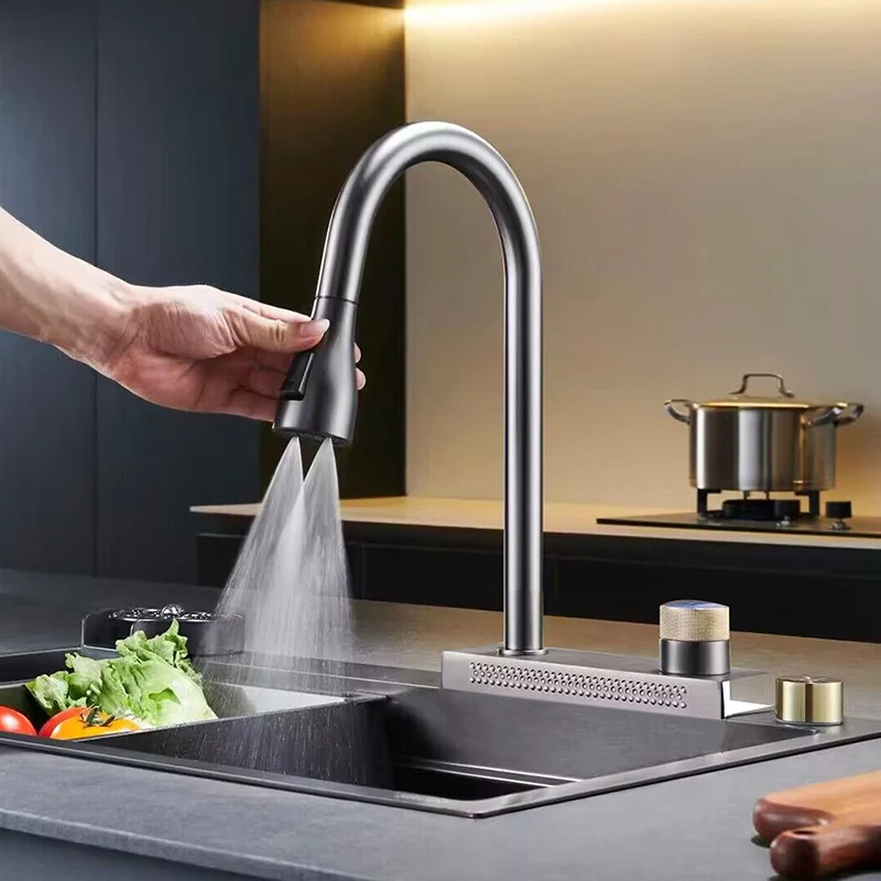 WaterfallKitchenSinkFaucetwith4ModesPullOutSpoutStainless