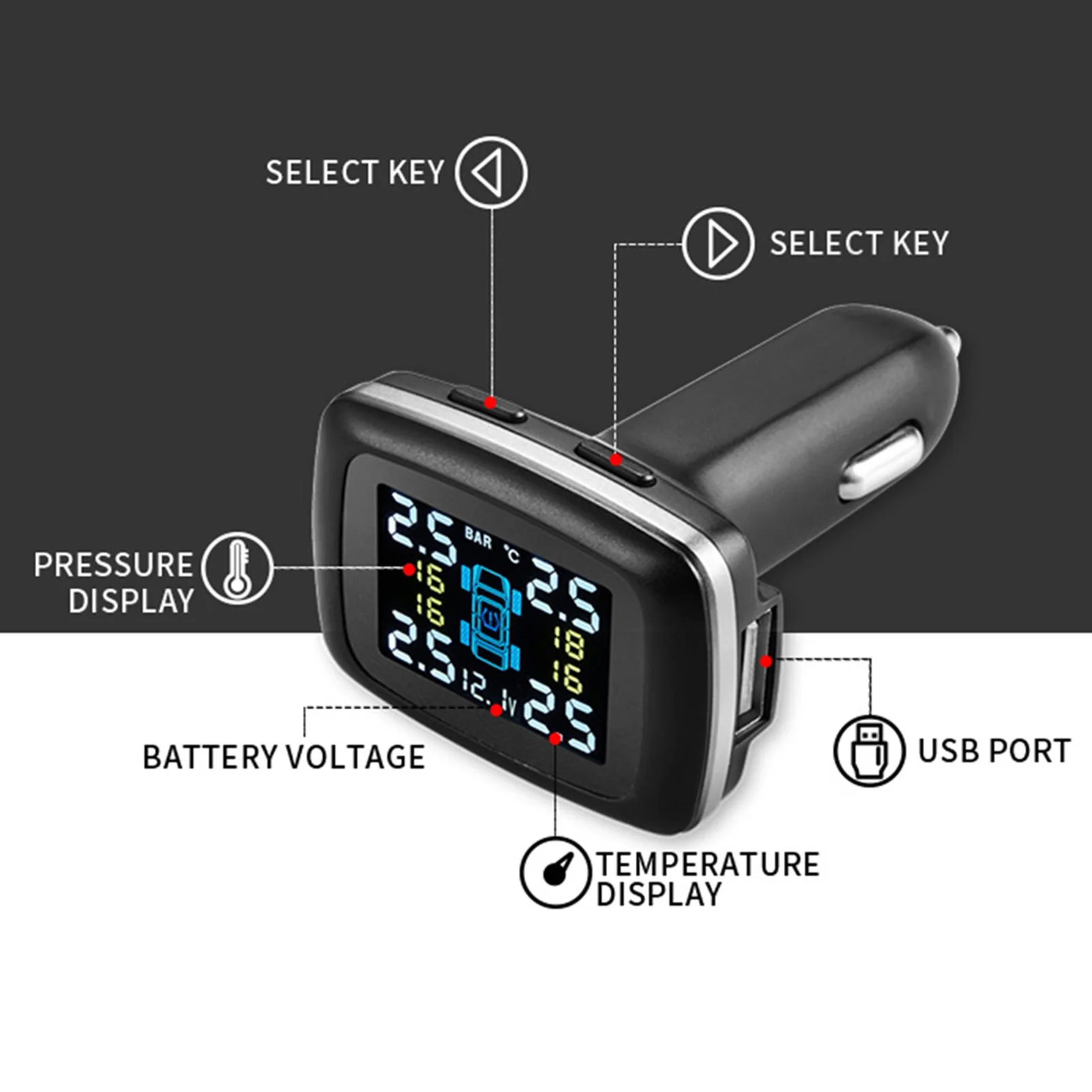 Car TPMS TPMS Car Tire Pressure Monitoring System Cigarette Lighter with 4 External Sensors Tire Pressure Monitoring System