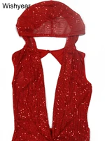 New Luxury Birthday Red Hooded Dress for Women Sexy Deep V Neck Sequins Glitter Mesh See Through Back Open Sparkly Evening Robe - Image 6