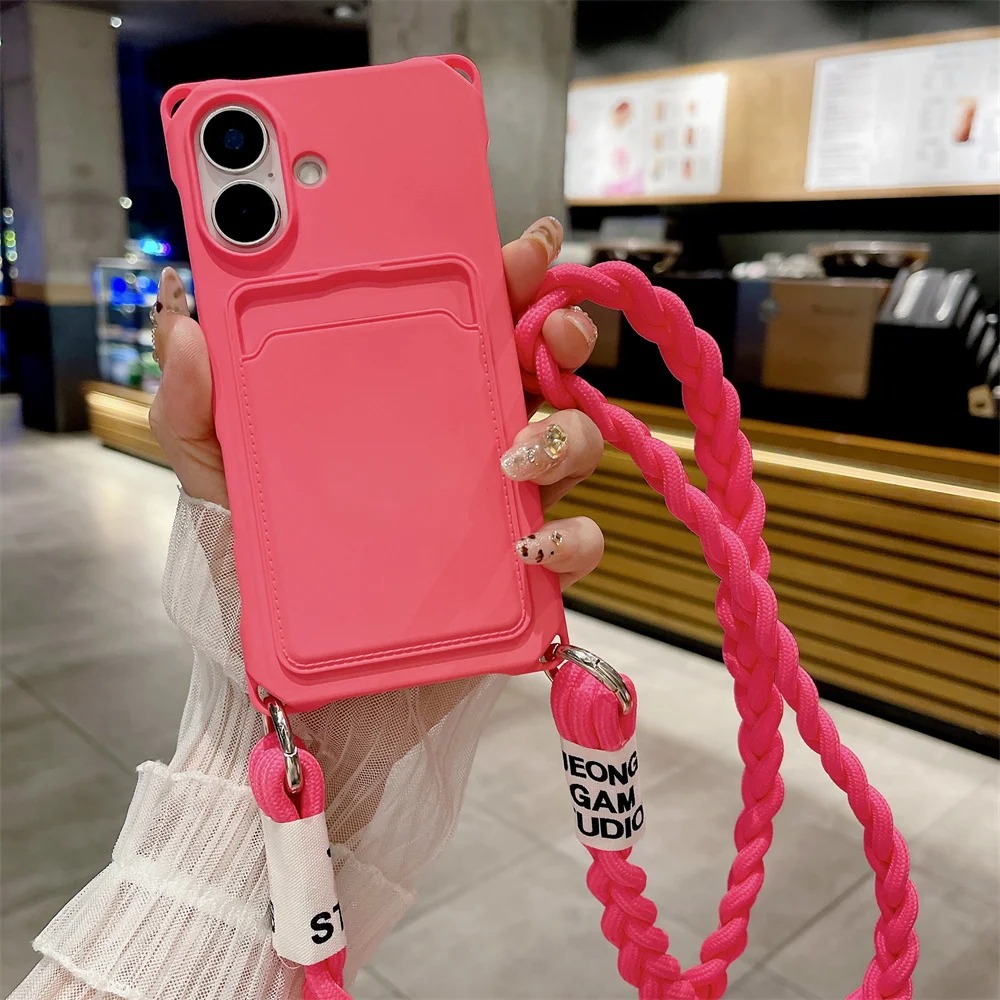 Braided Crossbody Strap Lanyard Phone Case with Wallet Card Holder and Silicone Cover