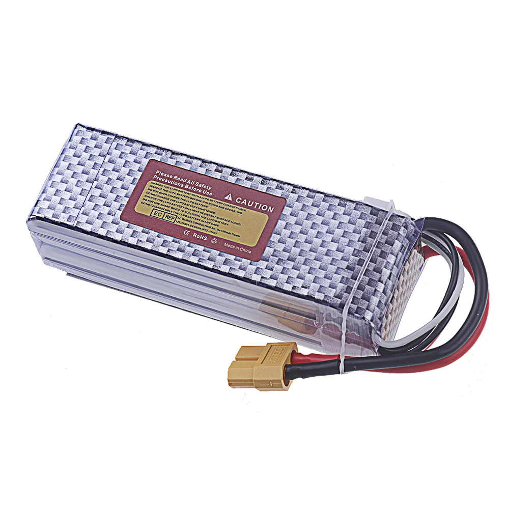Batterie LiPo 4S 14.8V 1500-6000mAh avec câbles de décharge et connecteur d'équilibrage, vue latérale