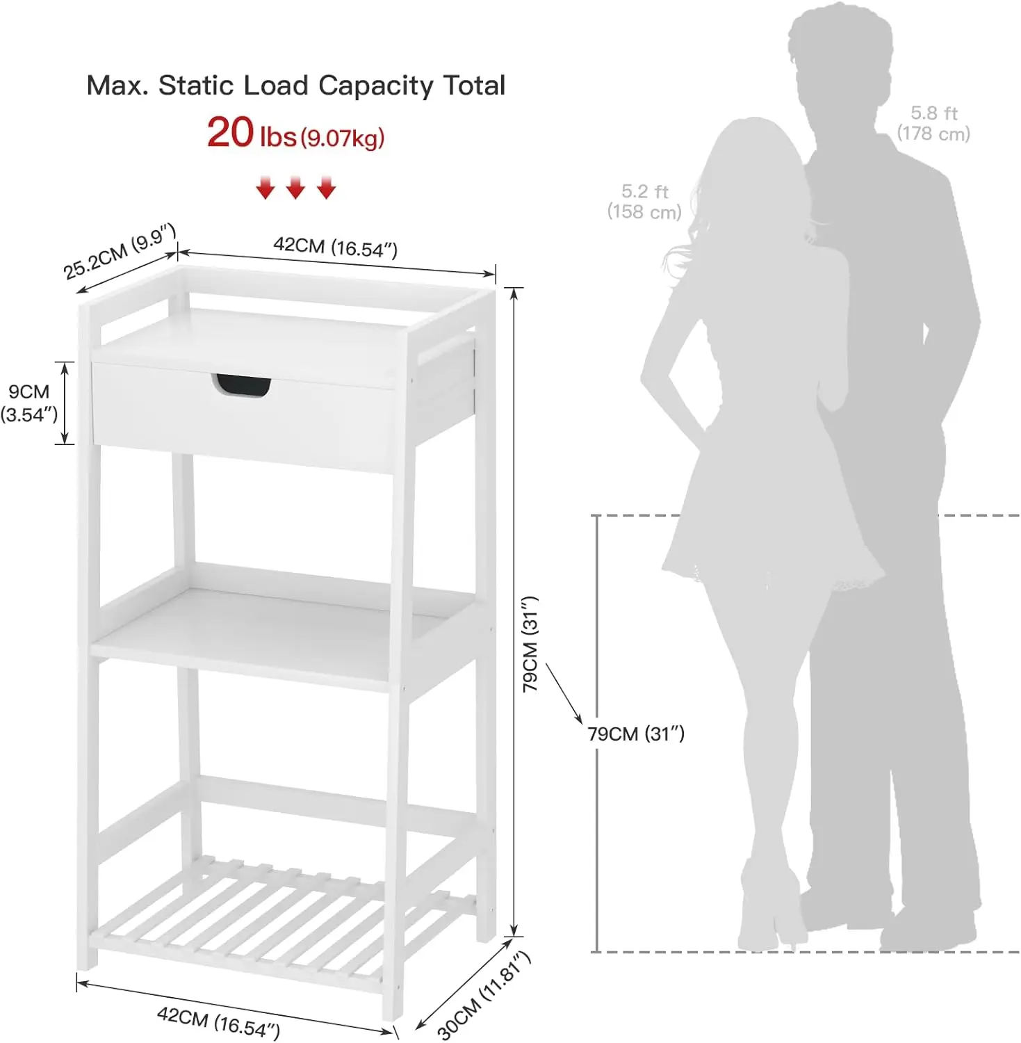 3-Tier Bamboo Shelves with Drawer. Ladder Shelf. Space-Saving. Stylish Nightstand. For Home, Living Room, Kitchen, Office.