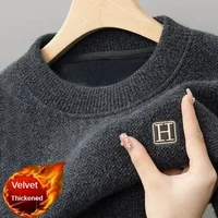 Winter Men's Warm Fleece Sweater O-Neck Embroidered Casual Knitted Inner Lap Pullovers Thick Thermal Underwear Sweater 1