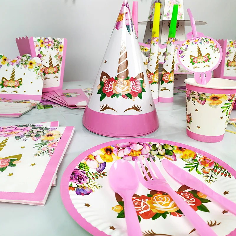 Unicorn Birthday Party Supplies Unicorn Theme Paper Cups Plates Cake Toppers Girl Birthday Party Decoration Supplies