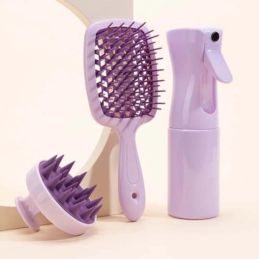 

3Pcs/set Hairdressing Wide Teeth Scalp Massage Combs Set 200ML Spray Bottle Wet Dry Use Hair Spray Bottle Hollow Out Comb Purple