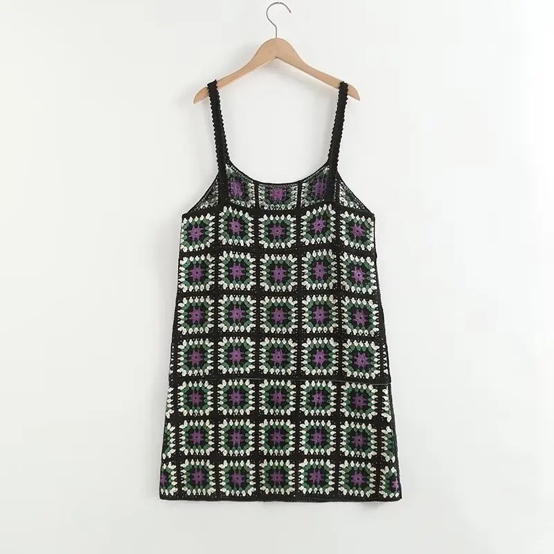 

Bohemian Colorful Women Knit Dresses Summer Lolita Mori Girl Crochet Lace Spaghetti Strap Dress Ladies Hollow Out Sexy Dresses