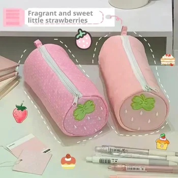 Astuccio per matite rosa a pois color fragola crema, cancelleria per studenti, borsa per il ritorno a scuola, materiale scolastico, regalo di cancelleria per penne