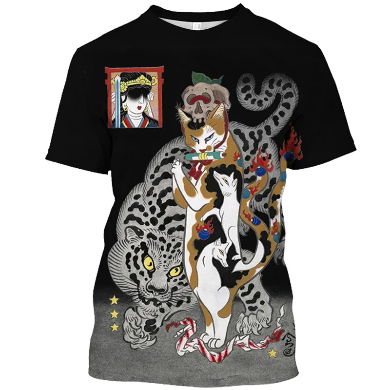 

Japanese Samurai Cat Print Men's and Women's T-shirt Fashion Trend Style Casual O Collar T-shirt Oversized Short Sleeves