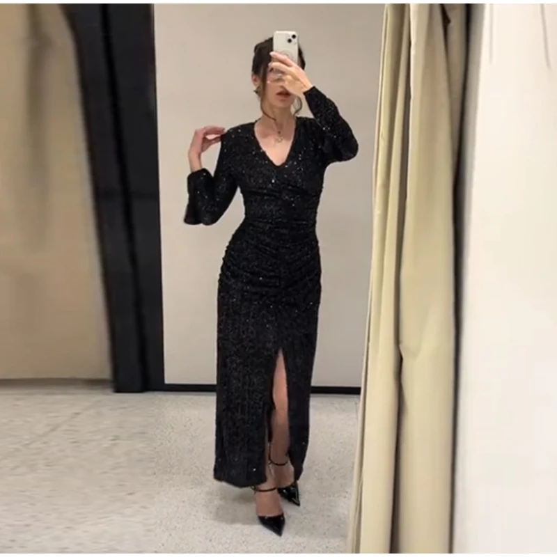 Frauen Party Kleid Sexy Tiefem V-ausschnitt Pailletten Split Volle Hülse Hüfte Paket Kleider Weibliche 2025, Herbst Frau Abend Vestidos – Detail 3