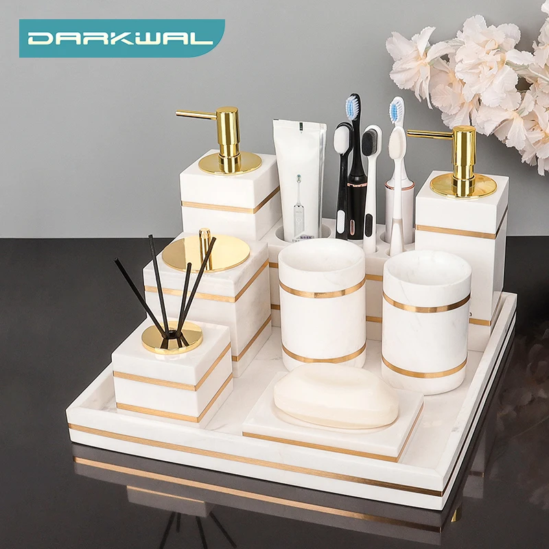 

Volakos White Natural Marble Set for Bathroom Gold Luxury Soap Dispenser Tissue Box Toothbrush Holder Kit Bathroom