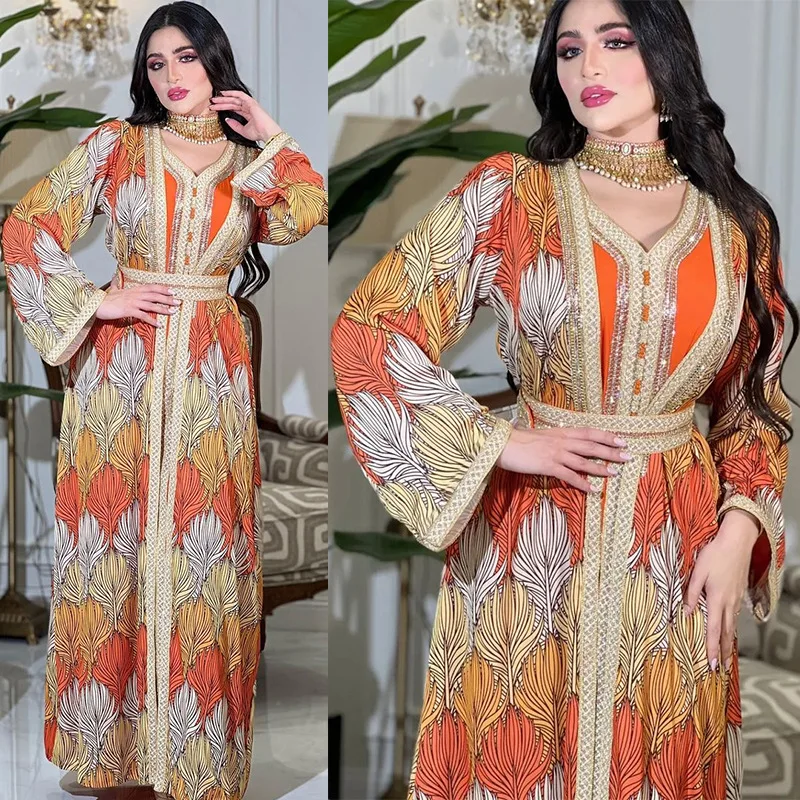 

Morocco Party Eid Mubarak Floral Print Muslim Women 2 Piece Kimono Open Abaya Maxi Dress Set Islam Dubai Jalabiya Caftan Outfits