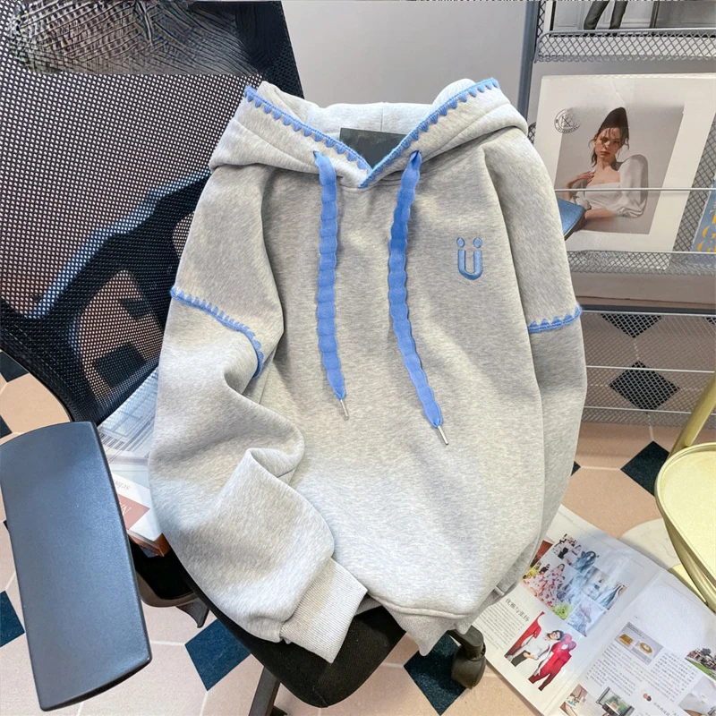 DAYIFUN-Women's Hoodies with Embroidered Letters Hooded Plush Sweatshirts Loose Thickening Tops Contrasting Color Autumn Winter