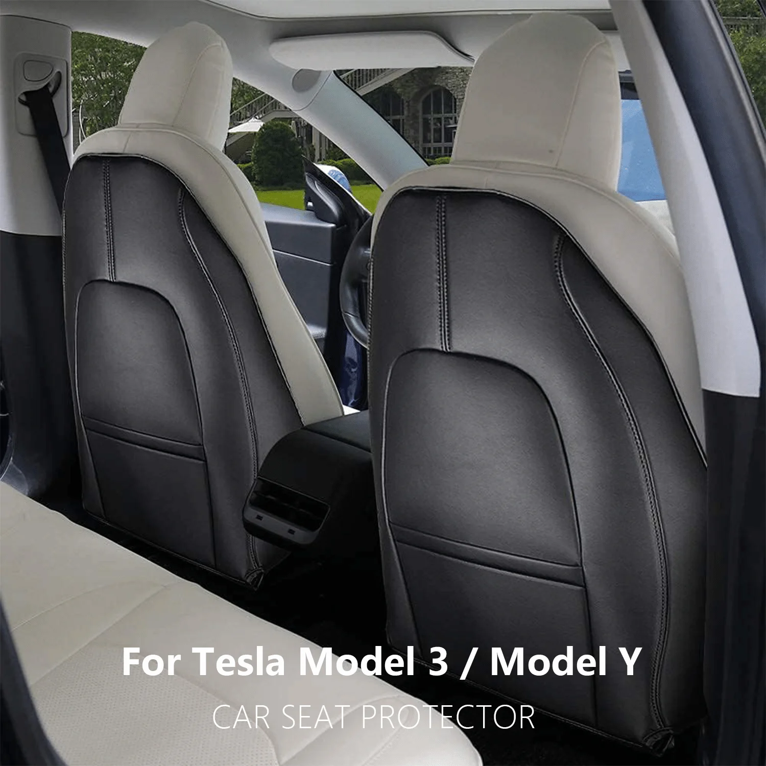 

For Tesla Model 3 & Y 2017-2024 Leather Seat Back Kick Protector Backseat Kick Mats Extra Organizer Pocket Resistant Waterproof