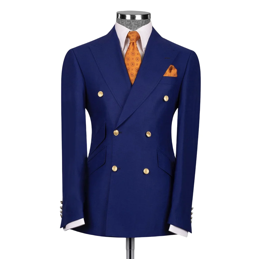 

Men's Formal Suits Royal Blue with Gold Buttons Double Breasted Blazer Sets Slanted Pocket Design Grooms Dress for Wedding Prom