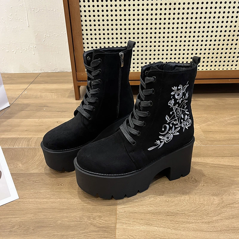 Fashion Embroidery Women's Boots 2023 New Chunky Heel Platform Suede Leather Women Shoes Large Size Winter Black High Heel Shoes