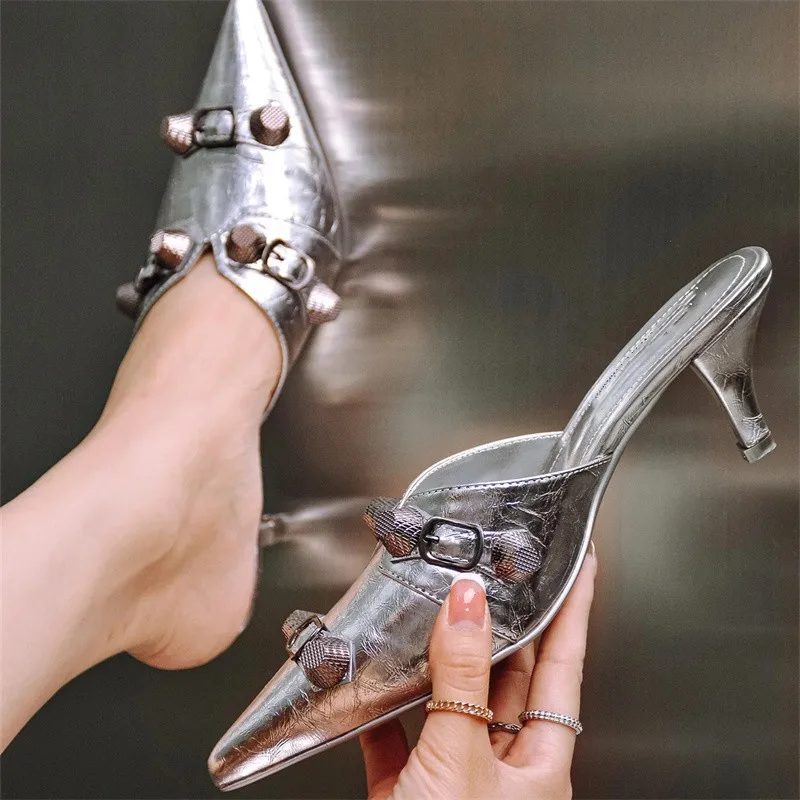 

Woman Pumps Rivets Slipper 2023 Fashion Sandal Ladies Pointed Toe Slip On Mules Sexy Thin High Heels Slides New Shoes
