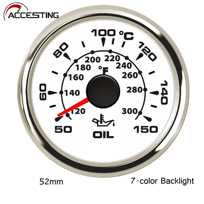 Car Oil Temp Gauge Temperature Alarm Meter Silver Rim Whit Shell Fit