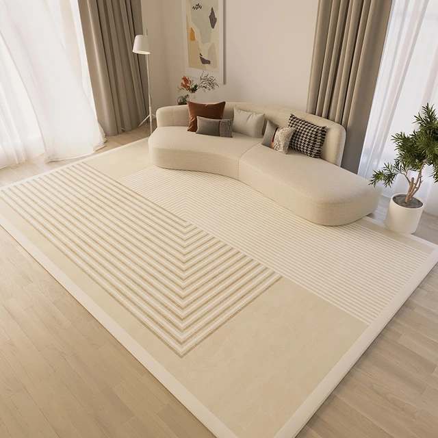 Tapis beige à rayures minimalistes pour salon, tapis de grande