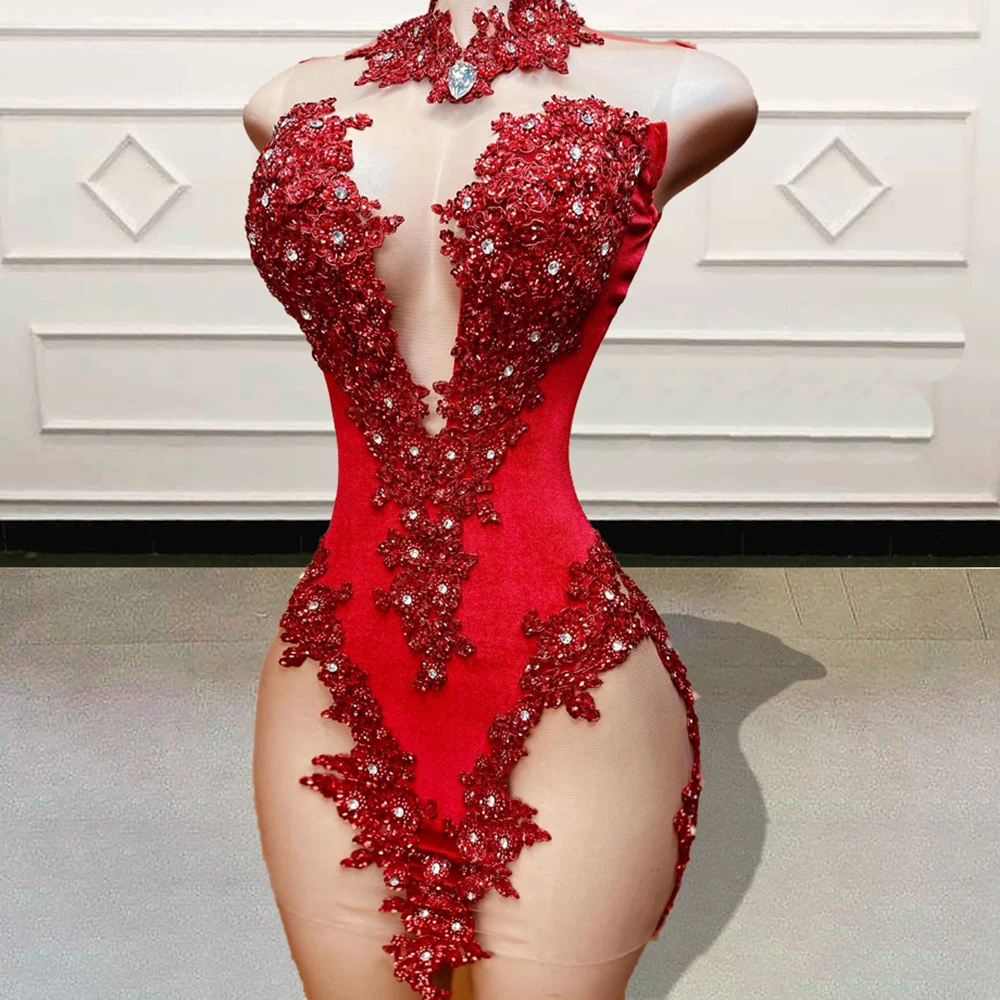 

Luxury Diamond Red Short Prom Dresses for Birthday Party 2023 Beaded Appliques Sexy Women See Through Mini Cocktail Gowns