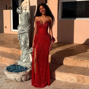 LIVANKA Glittering Rhinestones Evening Dress for Woman Mermaid Front Slit Tassel Saudi Arabric Vestido de Graduacion Customized
