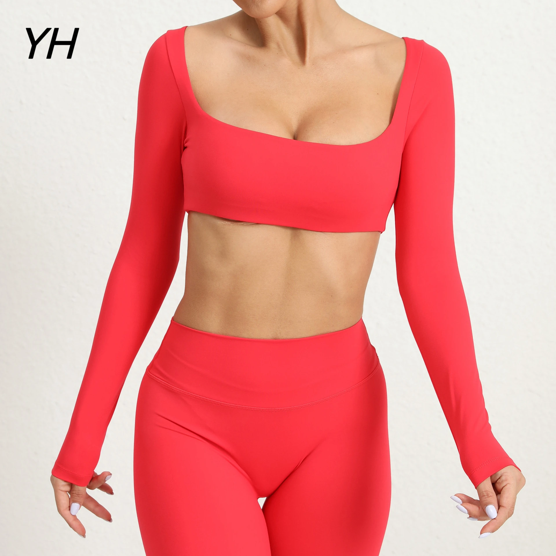 

Square Collar Sport Shirt Women Sportswear Long Sleeve T-shirt for Fitness Yoga Wear Ladies Crop Top Gym Workout Top with Cups