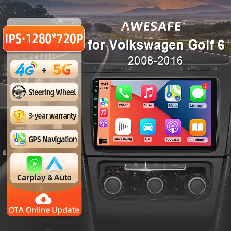 AWESAFE 9-Zoll-Android-Radio für VW Volkswagen Golf 6 2008-2016, kabelloses CarPlay & Android Auto, GPS-Navigation, Multimedia, Unterstützung für Lenkradsteuerung, Subwoofer, Verstärker, Rückfahrkamera, mit CAN-BUS Plug-and-Play, DAB+, digitales Autoradio, 2-DIN-Autoradio, Stereoanlage