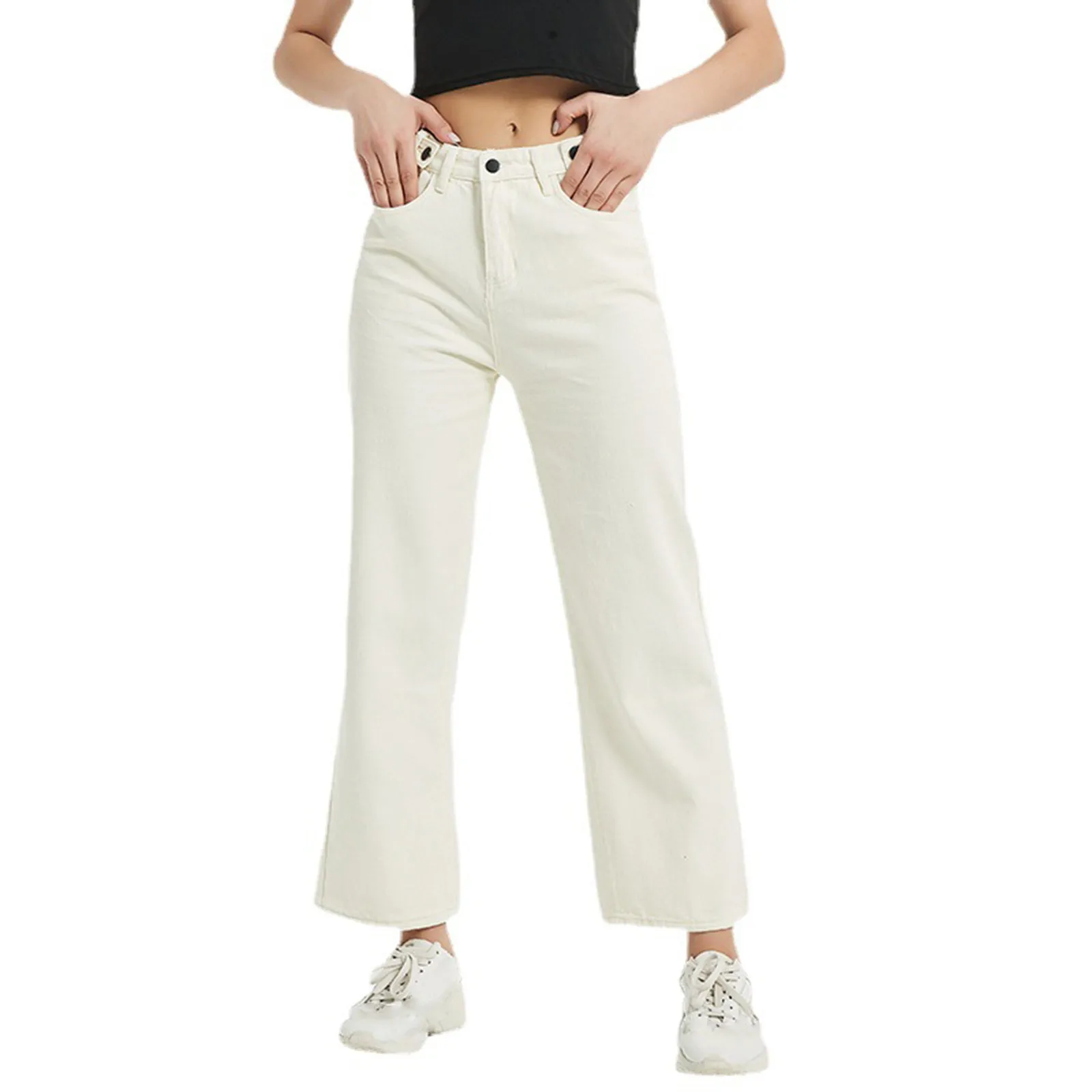 

High Waist Pants Women Straight Trousers Leg Denim Pants Buttons Office Ladies Korean Loose Elegant Chic Wide Leg Trousers Pant