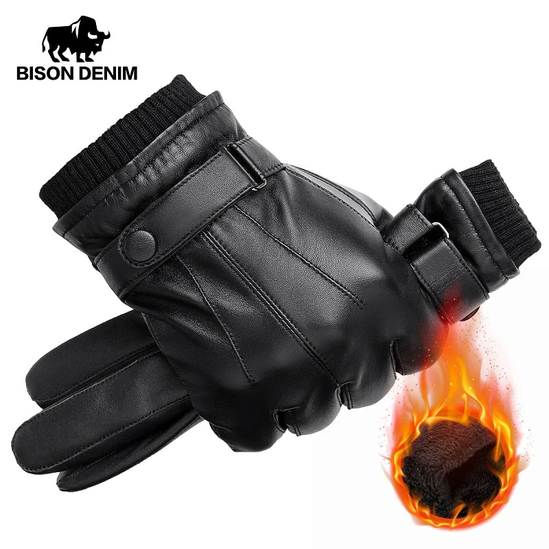 BISON DENIM Men Genuine Sheepskin Leather Gloves Autumn Winter Warm Touch Screen Full Finger Black Gloves High Quality S019 gours men s genuine leather gloves real sheepskin black touch screen gloves button wool lining winter warm mittens new gsm050