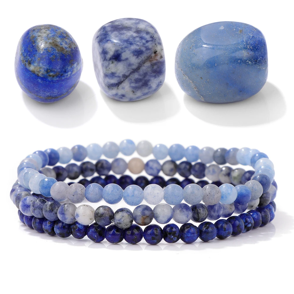 Bracelets perlés Lapis Lazuli pour hommes et femmes, pierre naturelle, aventurine bleue, quartz sodalite, 4mm, ensemble de bracelets de perles, chaud, 3 pièces