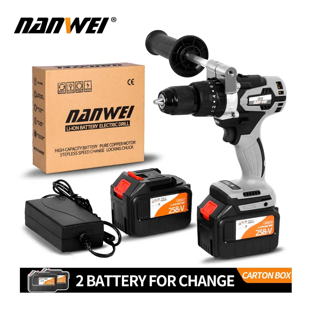 

Nanwei 13mm 200NM Electric Cordless Screwdriver Impact Drill 3/8" Driver Li-Ion Batteries Rechargeable DIY Hand Power Tools