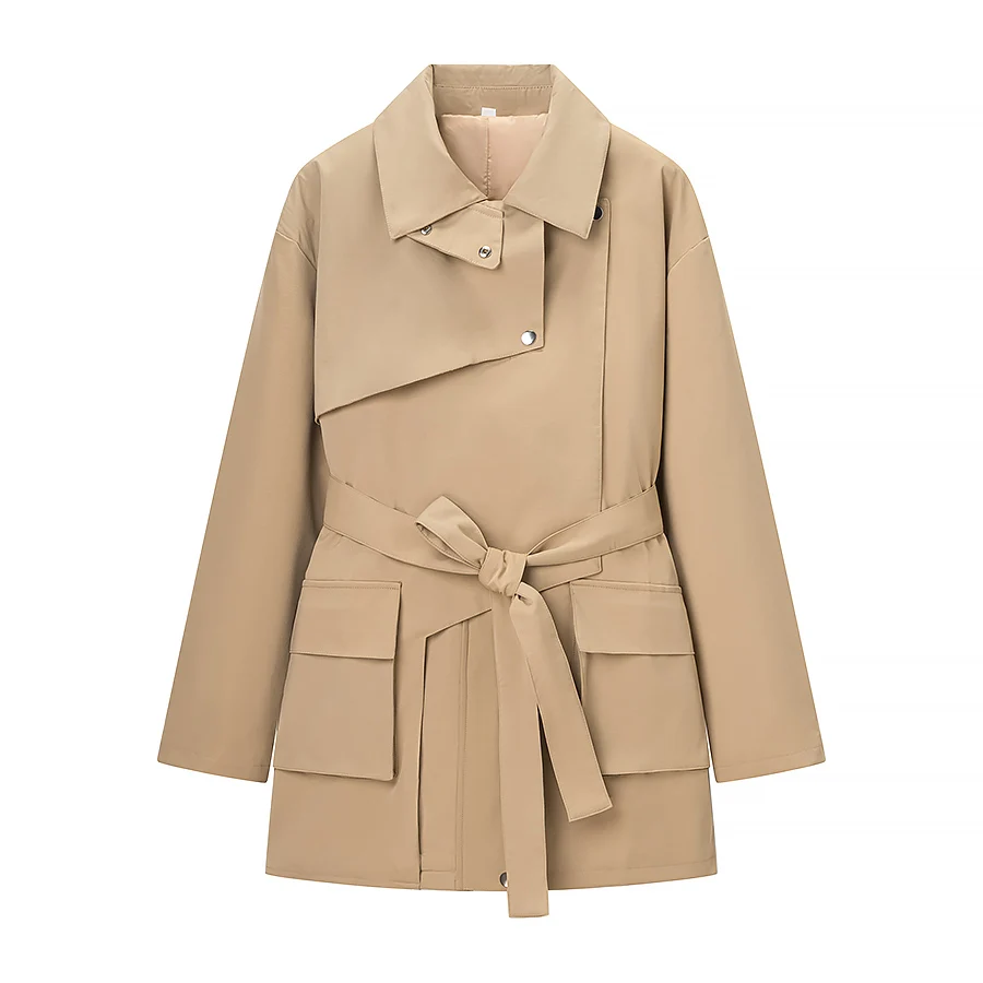 Women Khaki With Belt Short Trench Coat Female Elegant Long Sleeve Single Breasted Coat Autumn Lady Casual Windbreaker Streetwea