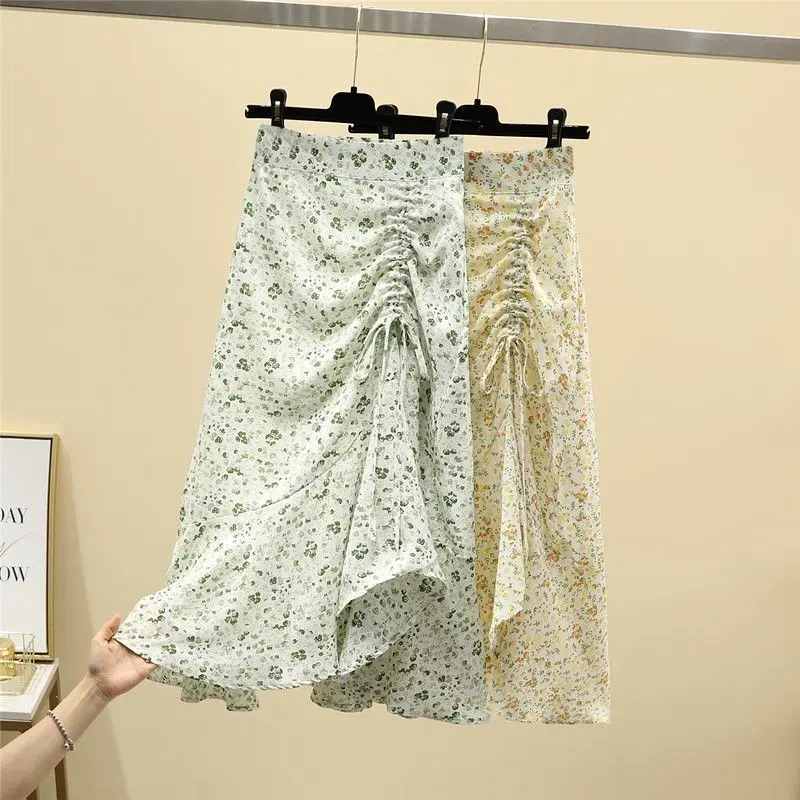 

Faldas Mujer Moda 2023 High Waist Slim Flower Print Chiffon Ruffles Jupe Y2k Drawstring Irregular Design Sense Slim Skirts