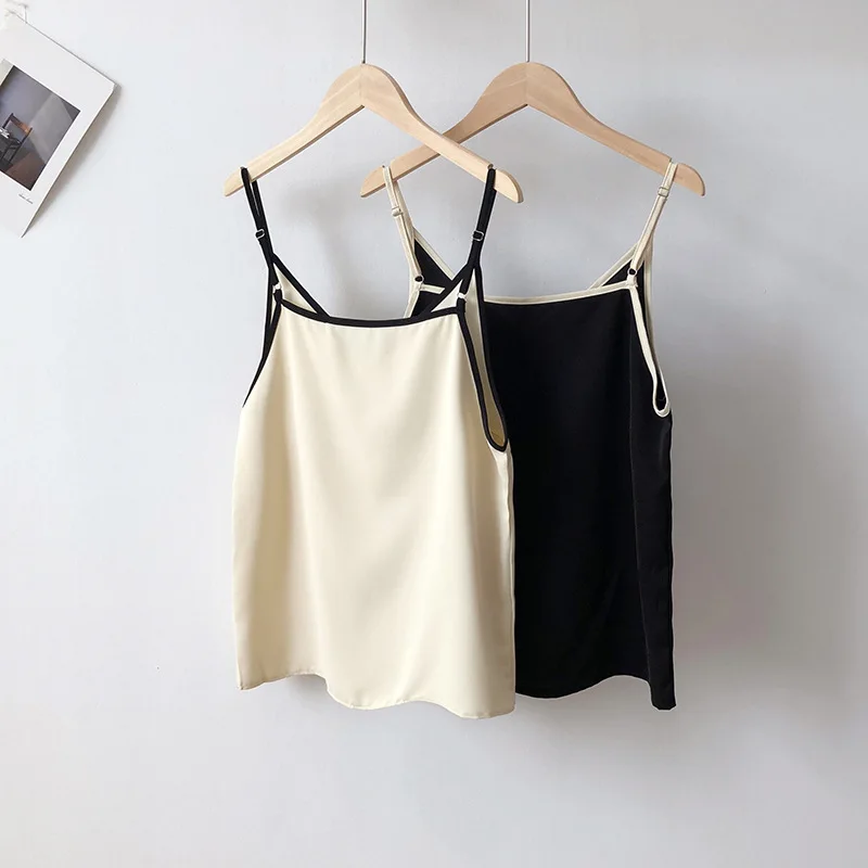 corset t shirt Sexy Spaghetti Strap Top Women 2021 Summer V-Neck Satin Silk Tank Tops Female Solid Sleeveless Camisole Camis Vest Black Beige cotton camisole