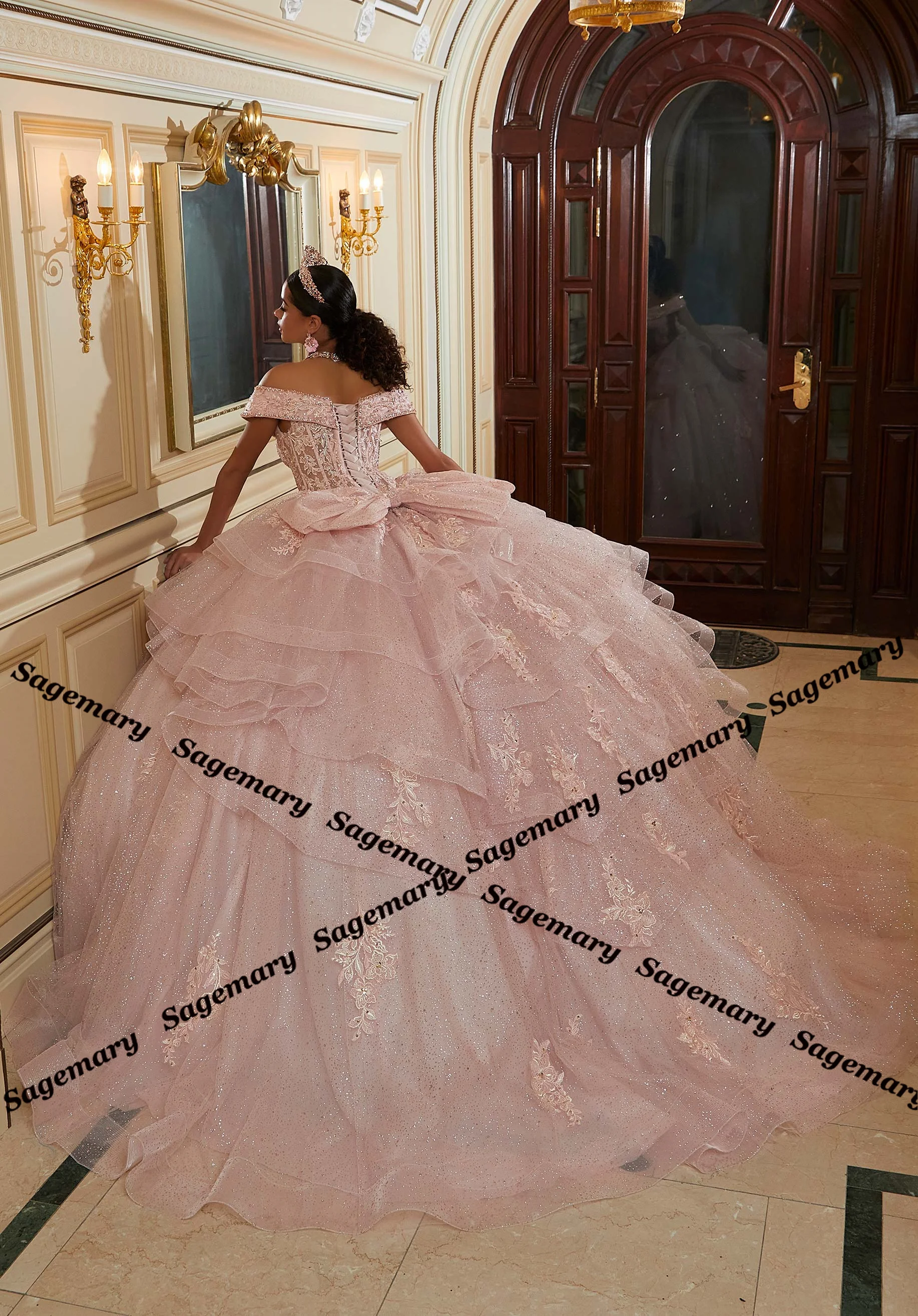 Quinceanera Dresses For Teens Ball Gown Bow Layered Corset Off the Shoulder Rhinestones Appliques Customised